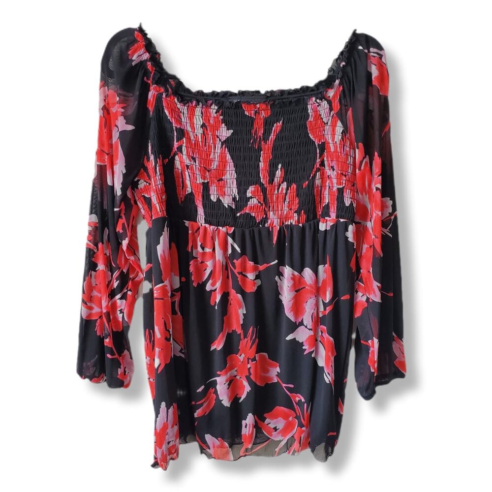 Vtg Women Black Red Floral Sheer Babydoll Milkmaid Top L Whimsy Dark Romance